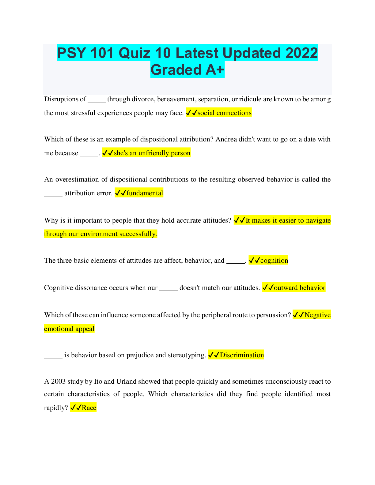 Preview image for PSY 101 Quiz 10 Latest Updated 2022 Graded A+